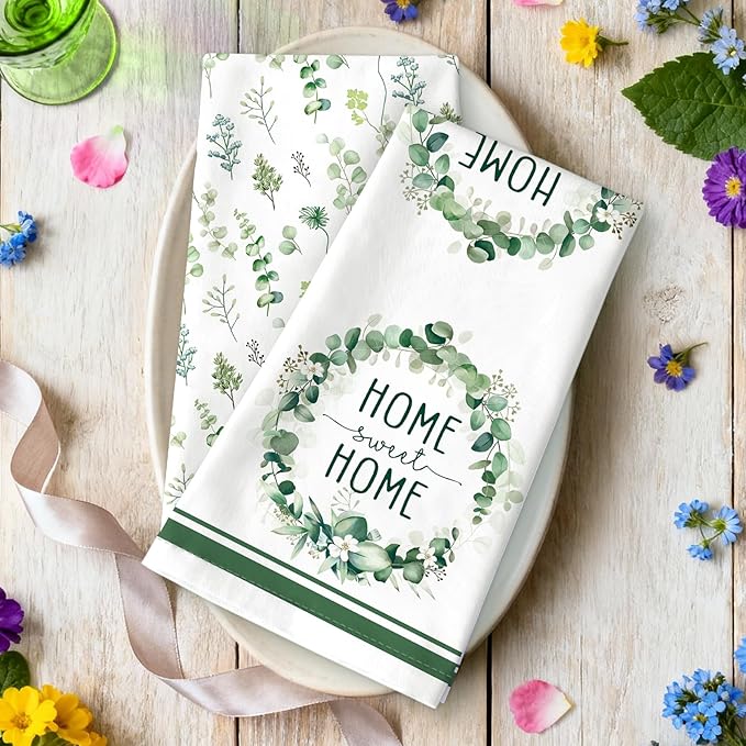 Eucalyptus Leaves Tea Towels, Cotton Kitchen Towel 18.9 × 27.5 inch, Quick Drying Dish Cloth for Party Anniversary Holiday Decoration, Housewarming Gifts for Mom