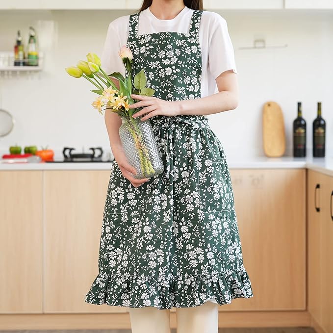 Pinknoke Vintage Pinafore Apron Dress for Women with Pockets Cute Floral Chef Aprons for Kitchen Cooking Baking Gardening