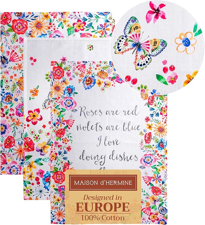 Maison d' Hermine Kitchen Towels Set of 3 100% Cotton 27.50" x 20" Reusable Cloth Tea Dish Towels Absorbent with Hanging Loop for Gifts for Mothers Day Spring/Summer (Happy Florals - High Summer)