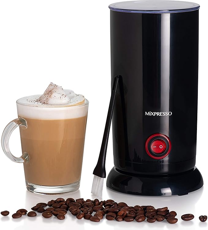 Mixpresso Electric Milk Frother, Stainless Steel Milk Steamer & Milk Warmer, Automatic Shutoff, Non-Stick Interior, Cool Touch, 9.4 oz/6.0oz Capacity, Black Electric Frother for Hot Chocolate