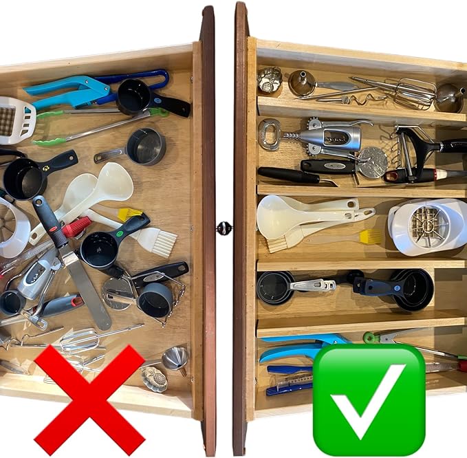 Bamboo Drawer Dividers Organizers 18-21.75 IN - Kitchen Drawer Organizer with Spring Loaded, Expandable Drawer Organization Separators for Kitchen, Bathroom - Pack of 4
