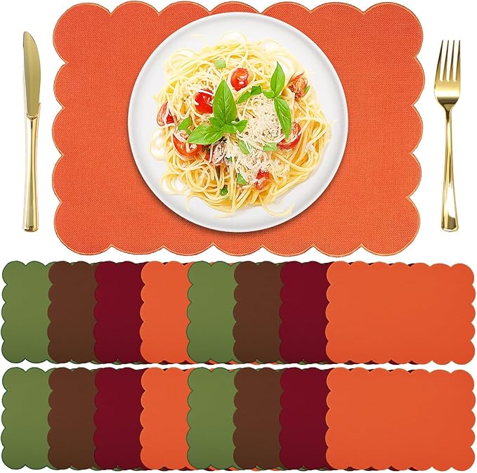 LemonRoad 16 Pcs Boho Linen Placemats Set 13" x 19" Elegant Scalloped Double Layered Placemats Farmhouse Christmas Washable Rustic Dining Table Decoration Heat Resistance(Vintage Color)