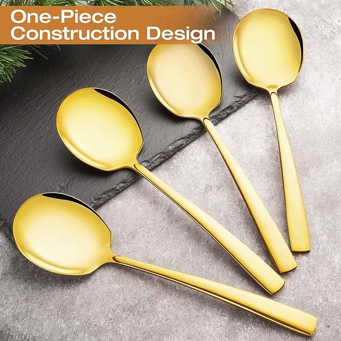 Stainless Steel Serving Spoons Large 9.2-Inch Gold Serving Spoon 8-Piece Big Serving Utensil Set for Buffet, Parties, Catering - Dishwasher Safe(8-Pieces, Gold)