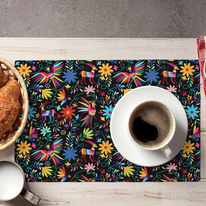 Mexican Folk Art Linen Placemats Set of 4, 12" x 18" Heat Resistant Washable Cute Kitchen Place Mats for Dining Table Fiesta Party FarmhouseCoffee Shop, Boho Home Decor & Gift for Cultural Art Lovers