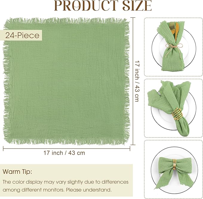 TURSTIN 24 Pieces Cotton Linen Cloth Napkin Handmade Cloth Napkin with Fringe 17 x 17 Inch Soft Cloth Dinner Wedding Napkin Square Rustic Fringe Table Napkin for Dinners, Parties, Weddings, Sage Green