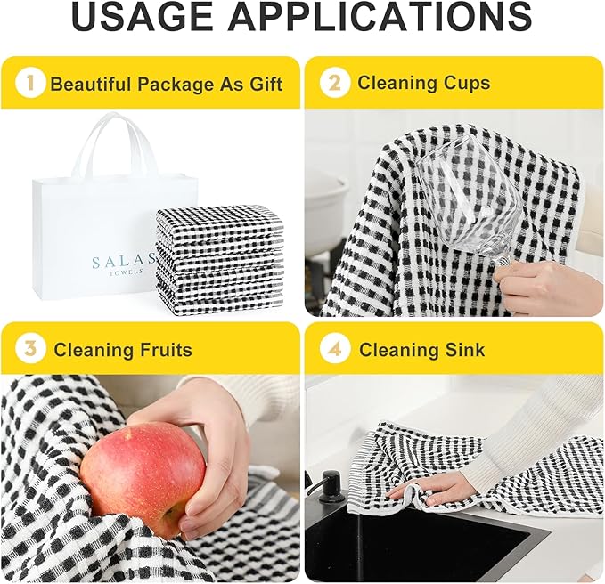 SALAS Cotton Dish Towels Cloths for Kitchen Drying Dishes, Lattice Terry Kitchen Towels, Highly Absorbent Kitchen Cloths with Hanging Loop, 16‘’ x 26‘’, 6 Packs, Black