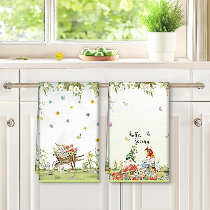 Spring Gnome Microfiber Kitchen Towels, Soft Absorbent Hand Towel 15.7 × 23.6 inch, Thick Dish Cloth for Party Anniversary Holiday Decoration, Housewarming Gifts for Mom