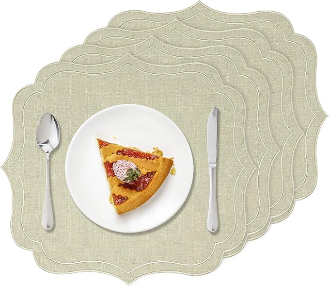 Set of 4 Cotton Linen Placemats, 16 x 18 Linen Color Wavy Embroidery Cloth Placemat Double Layered Fabric Machine Washable Wrinkle Free Dining Table Mats for Hotel Restaurant Kitchen
