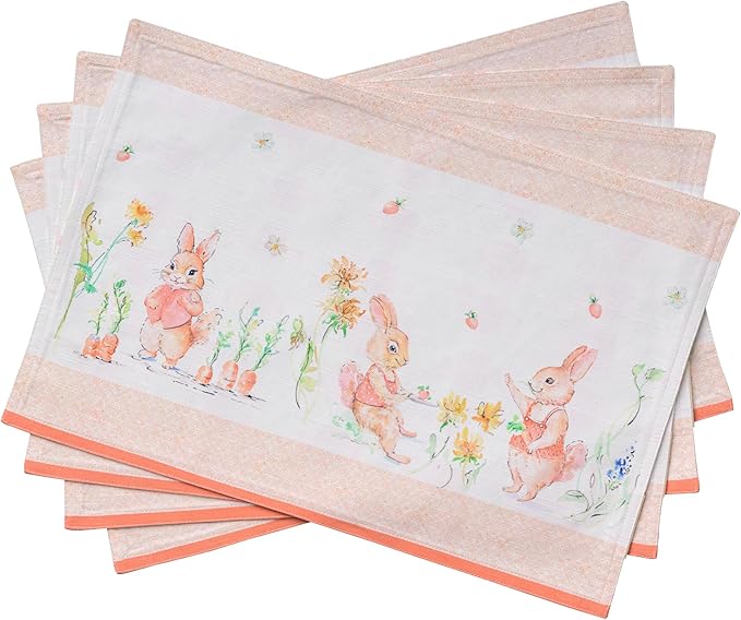Maison d' Hermine Placemats Set of 4 100% Cotton Washable Cloth Place Mats Reusable Table Mats for Kitchen Dining Party Wedding Gifts for Mothers Day Spring/Summer (Bunny Party, 13" x 19")