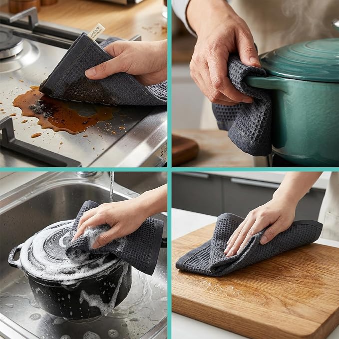 Kitchen Towels and Dishcloths Sets, 14 X 14 Inches, Absorbent Dish Towels for Kitchen, Microfiber Cleaning Cloth, Dish Cloths for Washing Dishes, Waffle Kitchen Towels (Dark Gray, 14" x 14")