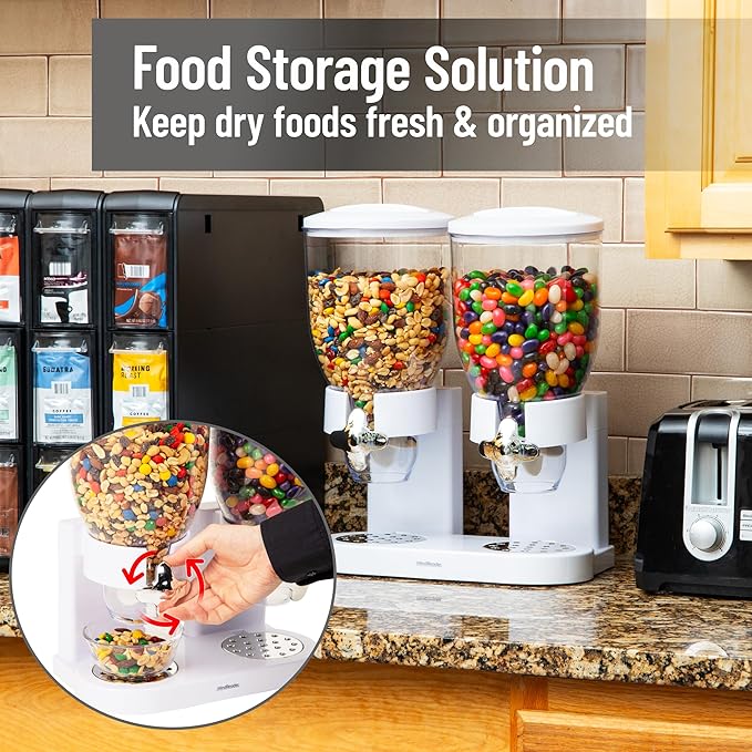 Mind Reader Double Cereal Dispenser for Countertop, 2 x 2L Airtight Containers, Rotating Dry Food Dispenser for Cereal, Rice, Candy, Coffee Beans, White