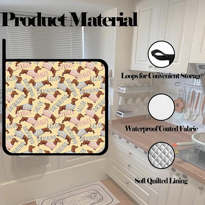Funny Sailor Dachshund Pot Holders Set of 2,Cute Dog Kitchen Heat Resistant Potholder for Microwave Cooking Baking Oven and BBQ