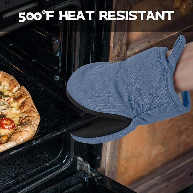 Oven Mitts and Pot Holders Set, Pack of 4, Heat Resistant Silicone Kitchen Mini Oven Mittens for 500 Degrees, Mini Oven Gloves and Hot Pads for Baking Grilling Barbecue Microwave Machine Washable