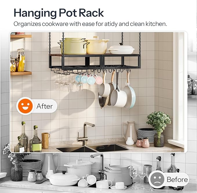 HOOBRO Hanging Pot Rack, Space-Saving Pot Hanger for Kitchen, Ceiling Pan Hanging Rack with 10 S-Shaped Hooks and 3 Dual-Prong Hooks, for Pot, Pan Storage,Space-Saving, Rustic Brown and Black BF78TL01