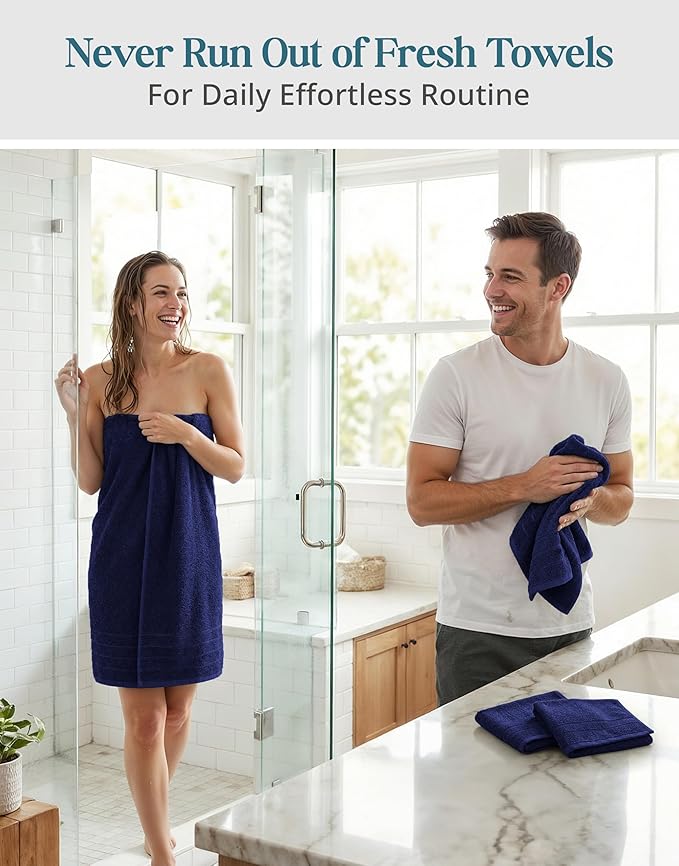 Casa Platino 100% Cotton Bath Towels - 8 Pcs Luxury Set - Soft, Absorbent & Durable - 2 Bath, 4 Washcloths, 2 Hand Towels for Bathroom - Sustainably Produced & Designed for Everyday use - Navy Blue