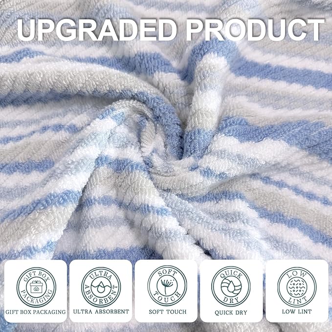 VOOVA & MOVAS Towel Set for Bathroom - 100% Cotton, Quick Dry, Thick, 3 Piece Towel Set, 1 Blue Stripe Large Bath 27"x52",1 White Hand 18"x28",1 White Washcloth 13"x13",Dorm Room Essentials