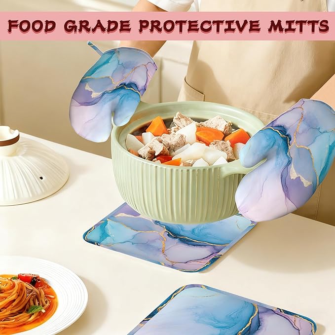 Golden Marble Pink Purple Blue Heat-Resistant Silicone Oven Mitts and Pot Holders,Long Oven Gloves with Non-Slip Grip for Cooking, Baking, Grilling,BBQ
