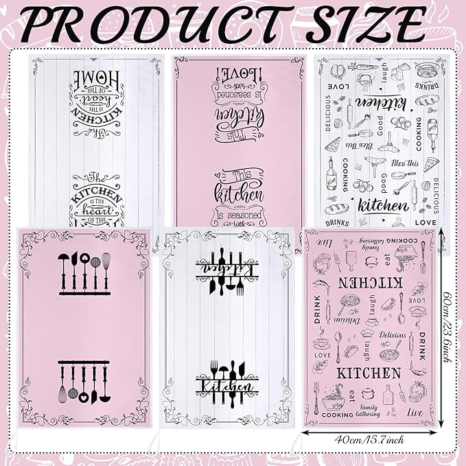 Bencailor 6 Pcs Kitchen Towels Decorative Sets Dish Towels Absorbent Fast Drying Hand Tea Vintage Hanging Reusable Cleaning Dishcloths for Cooking Farmhouse Bathroom Accessory(Pink and White,Classic)