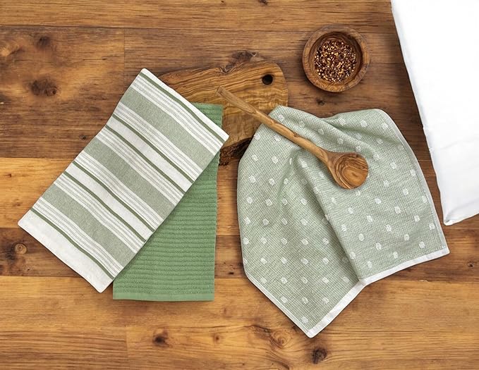 Sage Green White Kitchen Hand Dish Towels: Oversized 28" x 16",100% Cotton Cloth Soft Cleaning Drying Absorbent Striped Solid Polka Dot Design, Set of 3 Multipurpose for Everyday Use (Green Austin)