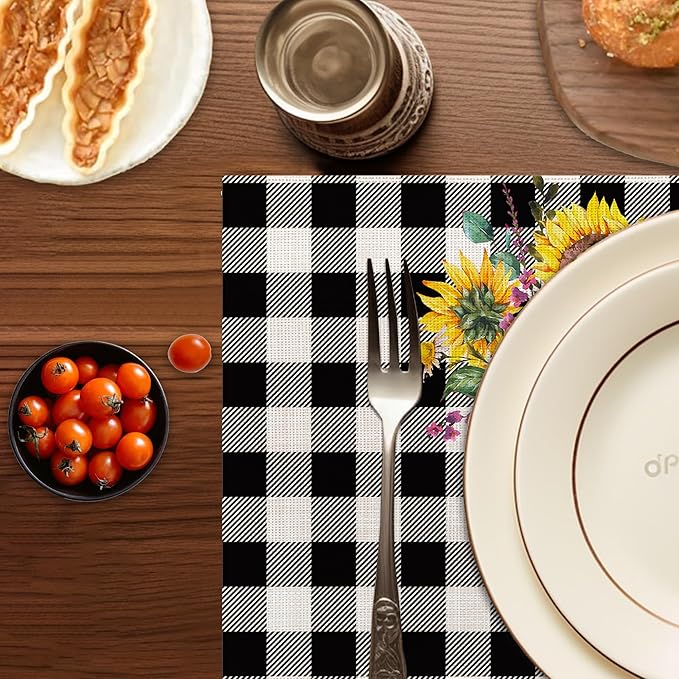 Summer Sunflower Placemats Set of 6,Washable Heat Resistant 12×18 Inch Linen Table Mats Plaid Place Mats for Party Outdoor Dining Decor