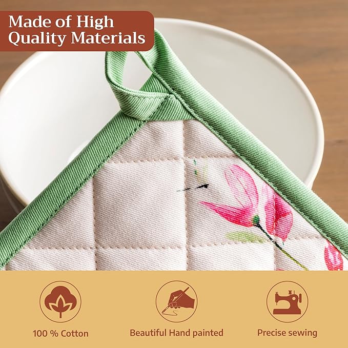 Maison d' Hermine Pot Holders 100% Cotton Heat Resistant Potholders 8" x 8" Hot Pads with Loop BBQ Cooking Baking Gifts for Mothers Day Handling Hot Pans Spring/Summer(Pack of 1, Botanical Fresh)