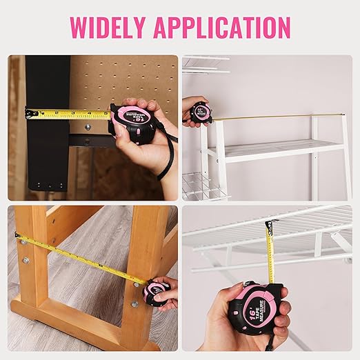 WORKPRO 16-FT Tape Measure with Fractions, 3 Brakes Retractable Measuring Tape, Compact Measurement Tape with Magnetic Hook, Nylon Coating Blade Accuracy 1/32”, Pink