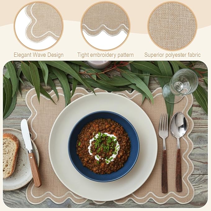 Set of 4 Cotton Linen Placemats, 13x19 Inch Scalloped Wavy Embroidery Placemat Double Layered Washable Rustic Rectangle Dinner Table Mats for Kitchen Wedding Home Party Decor(Flax)
