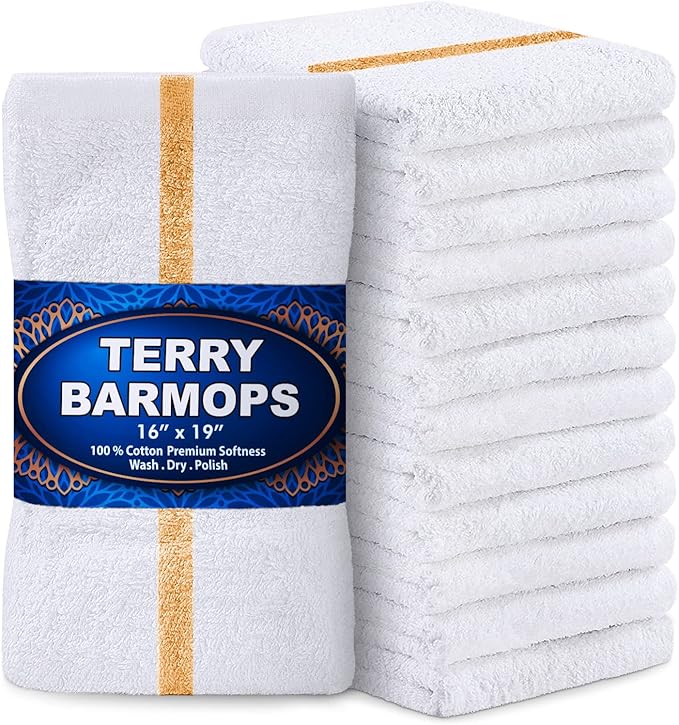 GREEN LIFESTYLE Terry Bar Mops 16" x 19" 12 Pack - 28 oz Cotton Bar Towels, Absorbent Kitchen Towels, Cleaning Rags for Restaurant, Food Service, Bar and Home Use (White with Orange Stripe)