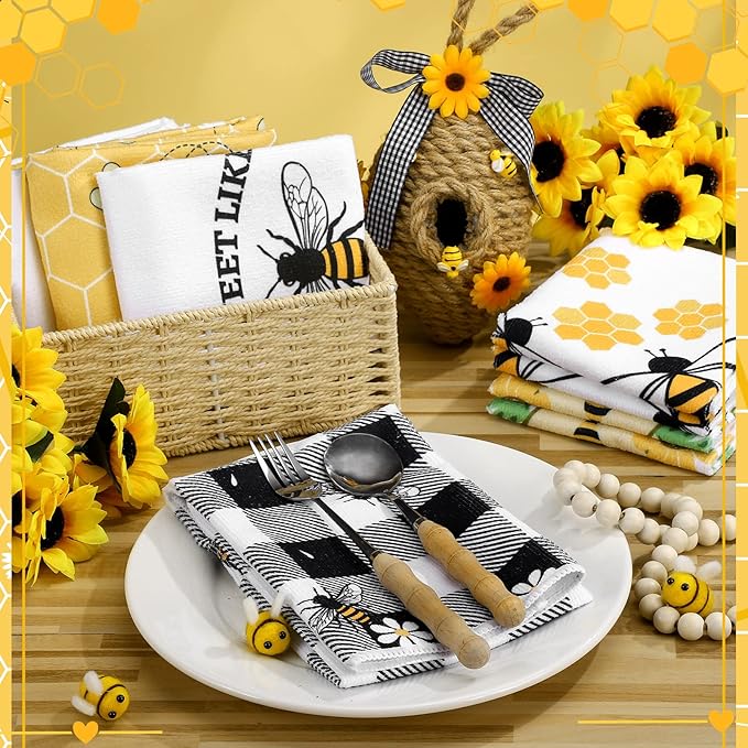 Oudain 6 Pcs Bee Kitchen Towels Honey Bee Kitchen Decor 15.8 x 23.6 Inches Dish Hand Tea Towels for Bathroom Home Housewarming Gifts