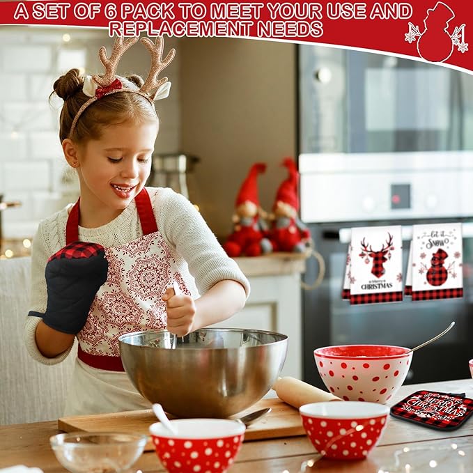 Peryiter 5 Pcs 4th of July Kitchen Towels Pot Holders and Oven Mitt Set Patriotic Retro 2 Dish Towels 2 Square Potholders 1 Heat Resistant Glove for Cooking Baking Gifting Home (Red and Black Plaid)