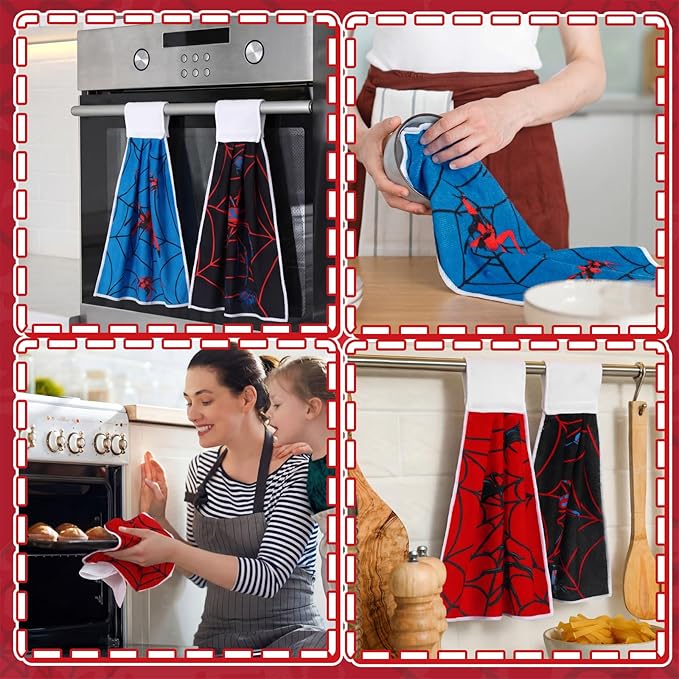 Tegeme 6 Pcs Hanging Kitchen Towels with Loop, Absorbent Hand Tie Towels Microfiber Decorative Fast Drying Kitchen Hanging Towel for Home Bathroom(Spider)