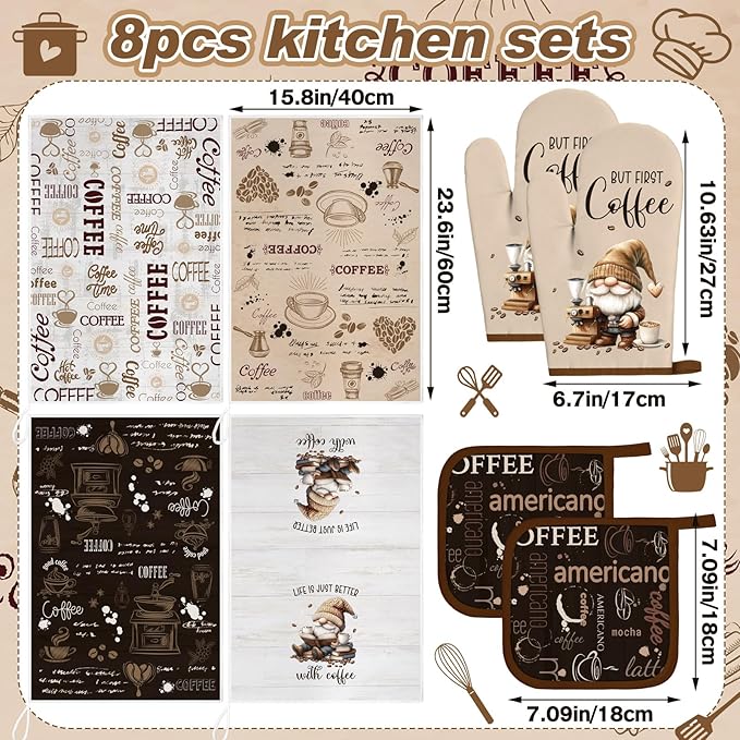 Fourluoo 8 Pcs Farmhouse Kitchen Decor and Accessories Set 4 Kitchen Dish Towels 2 Oven Mitt 2 Pot Holders for Christmas Cooking Baking Daughter Mom Gift Decor (Brown,Gnome)
