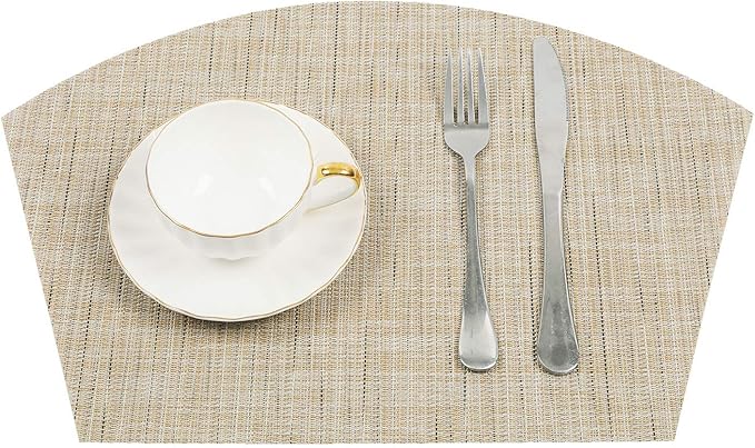 SHACOS Round Table Placemats Wedge Shaped Placemat Set of 4 Non Slip Heat Resistant Woven Vinyl Table Mats Wipe Clean Indoor Outdoor (4, Beige Yellow)