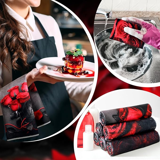 Breling Set of 6 Red Rose Kitchen Towels Vintage Themed Dish Towel Bathroom Decorative Rustic Cloths Tea Towels for Kitchen Bathroom Home Cooking Housewarming Gifts, 14 x 21 Inch
