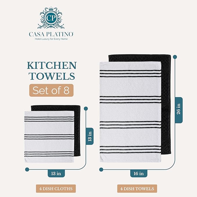 Casa Platino Dish Towels and Dish Cloths for Washing Dishes, 8 Piece Kitchen Towel and Dishcloth Set for Sinkside Duties – A Sleek Staple for Efficient Post-Meal Cleanup – Black