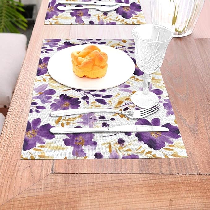 Purple Floral Linen Placemats Set of 4, Gold Accented Flowers Printed Place Mats for Dining Table, Kitchen, Party, Heat Resistant Non-Slip Purple Table Mats, Gift for Wedding, Spring Easter Home Decor