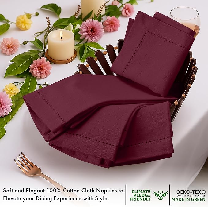 Ruvanti Cloth Napkins Set of 12, 100% Cotton High GSM 18x18 Inches, Hem Stitched Corners, Soft, Washable, Highly Durable & Absorbent, Perfect for Parties, Christmas, Thanksgiving Dinners – Burgundy