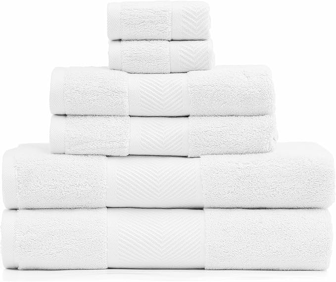 Simple&Opulence Premium 100% Cotton Towel Set 6 Piece，Soft Absorbent Towels for Bathroom,Hotel and Spa,2 Bath Towels 28"x55" 2 Hand Towels 16"x28" & 2 Washcloths 12"x12" (White)
