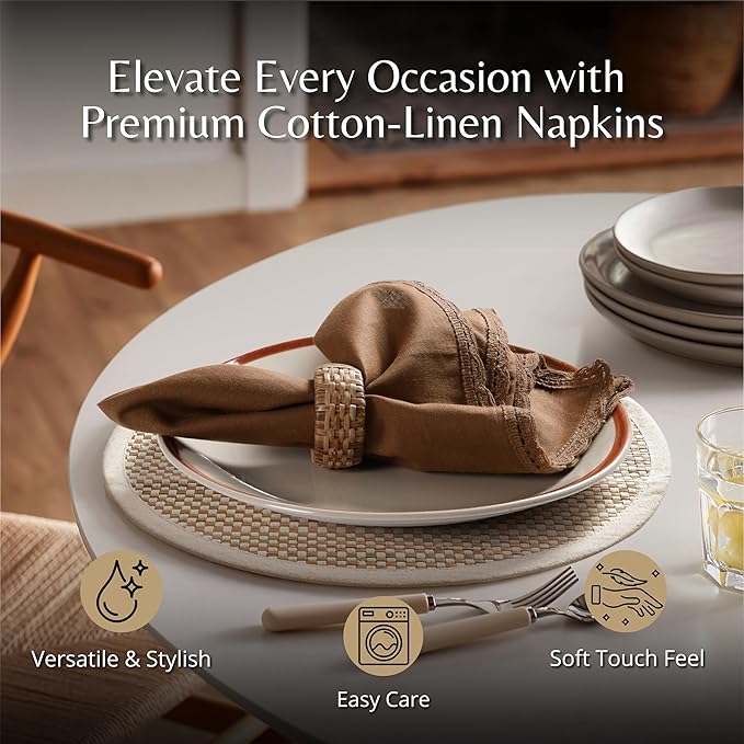 Ramanta Home Linen Flax Cloth Napkins Set of 12 Brown, 18x18 Inch | Easter Premium Cotton Linen Flax Lace Soft & Durable | Washable Ideal for Spring Basket Décor, Wedding Party, Kitchen, Everyday Use