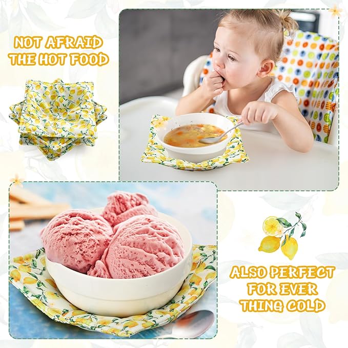Cunhill 4 Pcs Cotton Microwave Bowl Cozy Holders for Hot Food Hot Pads Soup Bowl Potholders Heat Resistant Multipurpose Quilted Safe Holders for Kitchen Plate Supply(Yellow,Cute Lemon Style)