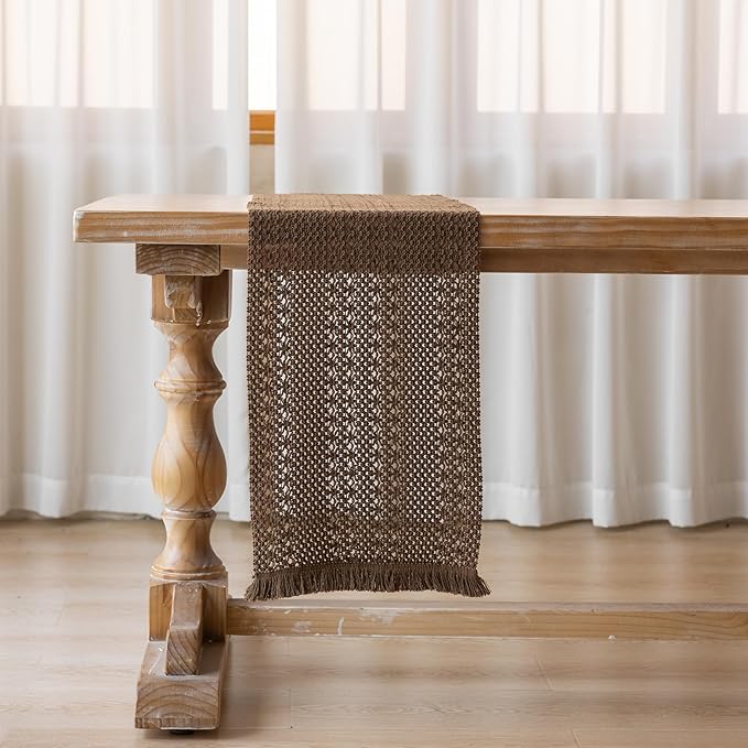Keketoarrange Boho Brown Table Runner for Home Decor 13x72 Inches Farmhouse Small Macrame Woven Burlap Jute Rustic Coffee Table Runner Dresser Scarf Dining Kitchen Centerpiece Bohemian Decor