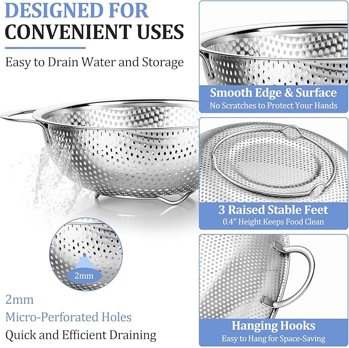 TeamFar Colander Set of 3, Stainless Steel Perforated Metal Colander Strainer with Handles for Spaghetti, Pasta, Berry, Rust Free & Dishwasher Safe - 1/3/5-quart
