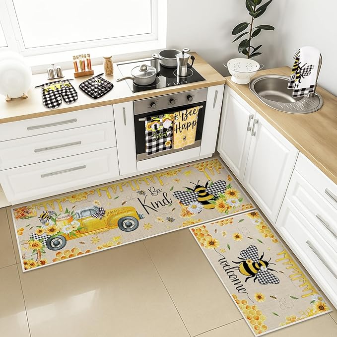 Fourluoo 10 Pcs Bee Kitchen Decor Sunflower Oven Mitts and Pot Holders Set Bee Dish Towels Rugs Mats Buffalo Plaid Farmhouse Kitchen Accessories for Chef Baking Cooking Grilling BBQ Women Home Gift