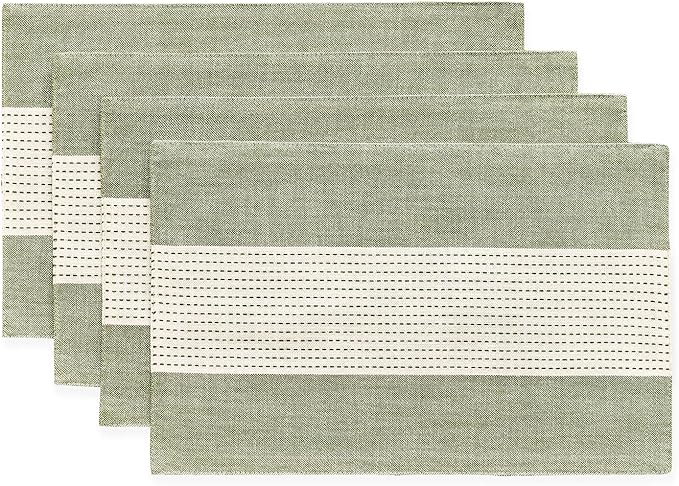 Wracra Linen Placemats, 12 x 18 Inch Set of 4 Placemats, Farmhouse Macrame Place Mats for Kitchen Table and Heat Resistant-Hemstitch Sage Green 4PCS