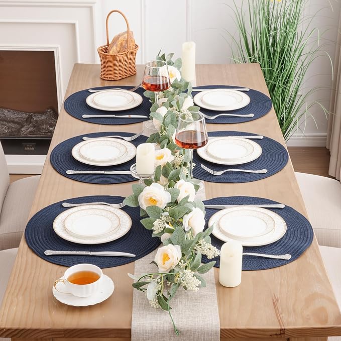 SHACOS Round Placemats Set of 6 Washable 15 inch Circle Polyester Woven Braided Place Mats for Dining Table Indoor Outdoor Table Mats Home Party Wedding Decor (Navy, 6)