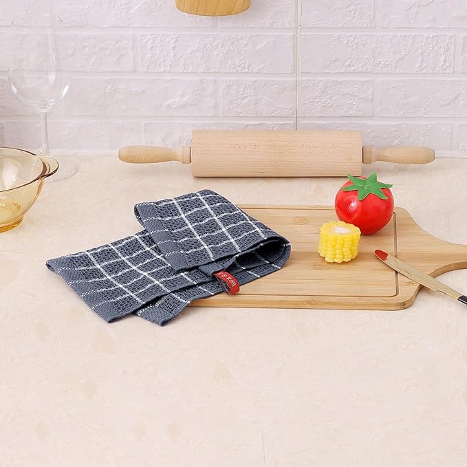Homaxy 100% Cotton Dish Cloths, 8 Pack-12 X 12 Inches, Check Design Waffle Weave Dish Rags for Washing Dishes, Ultra Absorbent and Fast Drying Dishcloths, Grey