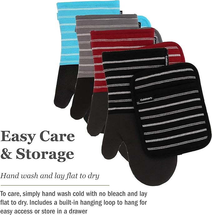 Cuisinart Neoprene Oven Mitts and Potholder Set -Heat Resistant Oven Gloves to Protect Hands and Surfaces with Non-Slip Grip, Hanging Loop-Ideal for Handling Hot Cookware, Twill Stripe Blue Curacao
