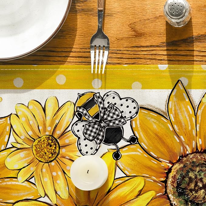 Artoid Mode Sunflower Bee Flower Polka Dot Summer Table Runner, Seasonal Kitchen Dining Table Decoration for Indoor Party Home 13x72 Inch