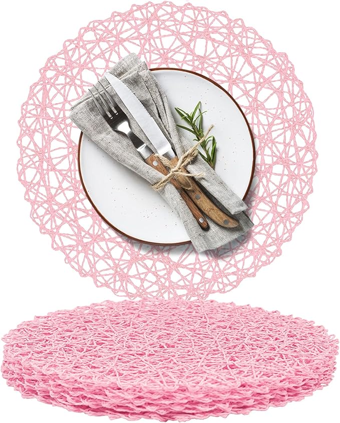 AHHFSMEI Paper Braided Round Placemats Set of 6 Natural Non-Slip Heat Resistant Table Mats for Dining Tables Woven Indoor Outdoor Place mats(Pink)