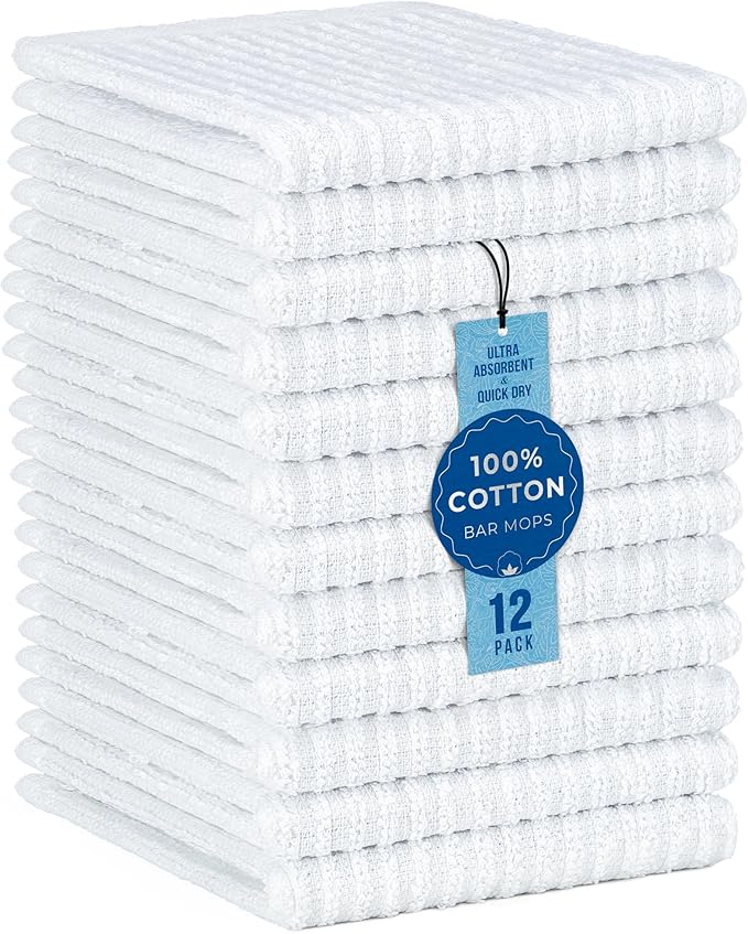 DecorRack 12 Pack 100% Cotton Kitchen Towels for Cleaning, 12 x 12 inch, Ultra Absorbent Bar Mops, Heavy Duty, Quick Dry, Machine Washable Dish Towels, Multi-Purpose Cleaning Supplies, White (12 Pack)